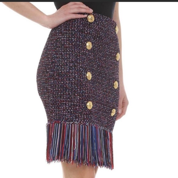 Balmain Fringe Tweed Multicolor Button Pencil Skirt - Picture 3 of 5